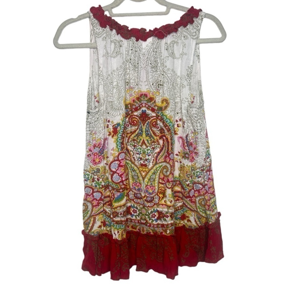 Bila Tank Top Red Blue Floral Paisley Boho Peasant Ruffle Size Small Blouse - Picture 2 of 5